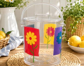 Vintage Floral Lucite Ice Bucket with Lid & Tongs | Retro Daisy Barware