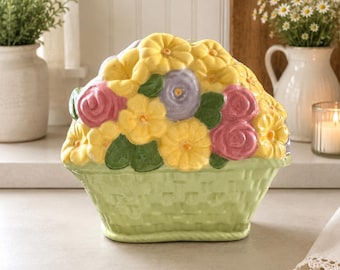 Vintage keramische mand met bloemenmotief uit 1976 | Pastelkleurige cottagecore keukendecoratie