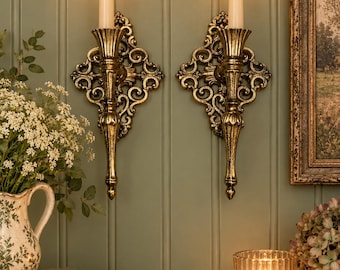 Vintage Gold Rococo Wall Sconces Pair: Ornate Baroque Candle Holders (French Country Decor)