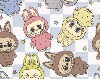 Tkanina z magicznymi potworami, tkanina z potworami, tkanina z króliczkiem, tkanina z kreskówkową kreskówką na pół jarda