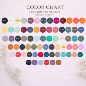 Puede incluir: Una carta de colores para camisetas unisex Comfort Colors 1717. La carta muestra una variedad de colores, incluyendo negro, blanco, azul vaquero y naranja brillante. Cada color se presenta en una muestra circular con el nombre del color debajo.