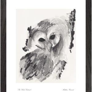 May include: Black framed print featuring a grayscale illustration of an owl. The artwork, titled "The Silent Sentinel" by Matthew Garrard, showcases the owl's face and upper body with expressive brushstrokes.