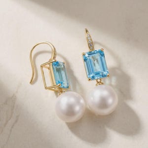 Pendientes colgantes convertibles de topacio, diamantes y perlas con halo de oro de 14 quilates, pares desmontables.