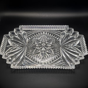 Vintage Crystal Serving Tray Starburst Cut Glass Rectangle