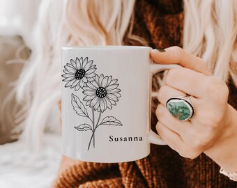 Personalized Daisy Birth Month Flower Mug, Custom Name Gift