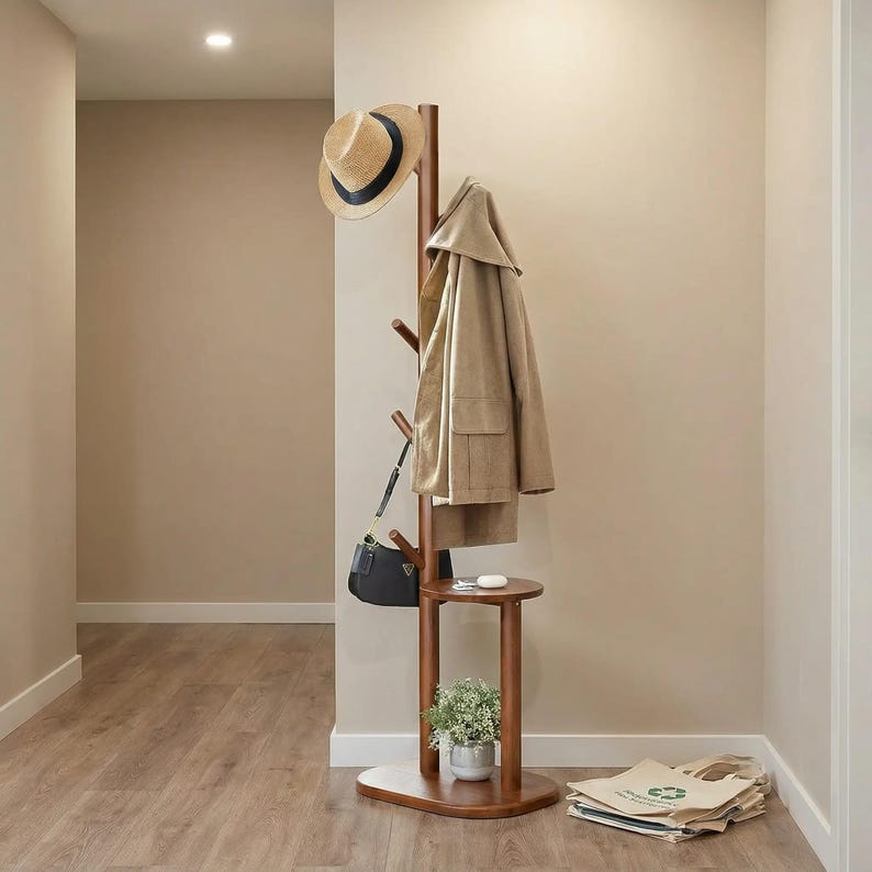 Tall Freestanding Coat Rack 66.3, 8 Hooks & Shelf, Solid Wood Entryway Stand, Bedroom Hat Hanger, Farmhouse Brown Decor