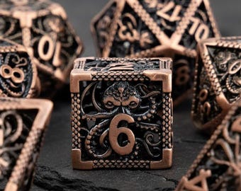 Copper Octopus Metal DnD Dice Set | Kraken D&D Dice Gifts for DM RPG | 7 Pcs Dungeons and Dragons Accessories | D20 Polyhedral Dice Sets