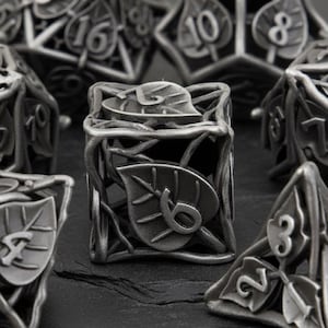 Silver Leaf Hollow DnD Dice Set | Metal D&D Dice Gifts for DM RPG | 7 Pcs Dungeons and Dragons Accessories | D20 Polyhedral Flower Dice Sets