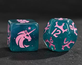 Blue Magical Unicorn DnD Dice Set | Bubblegum D&D Dice Gifts for DM RPG | 7 Pcs Dungeons and Dragons Accessories | D20 Polyhedral Dice Sets