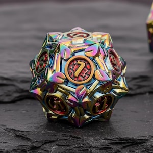 May include: A multi-colored, iridescent D20 die with a metallic finish. The die features a detailed design with numbers in a circular, red-bordered frame. The die is designed for tabletop role-playing games.