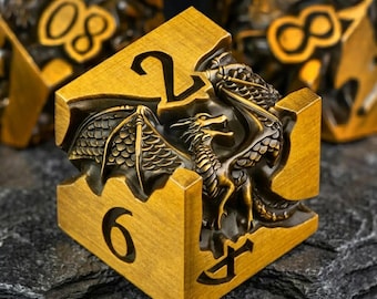 Carving Gold Dragon Metal DnD Dice Set | 3D D&D Dice Gifts for DM RPG | 7 Pcs Dungeons and Dragons Accessories | D20 Polyhedral Dice Sets