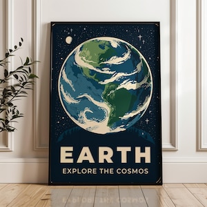 May include: A framed poster featuring a vintage-style illustration of Earth. The planet is depicted in shades of blue, green, and beige against a dark blue starry background. The word "EARTH" is prominently displayed, with "EXPLORE THE COSMOS" below.