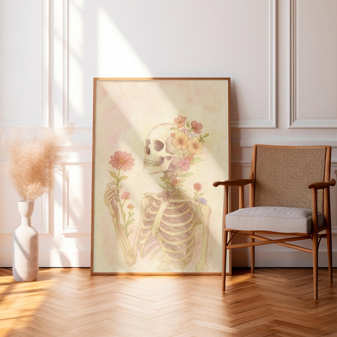 Floral Skeleton Watercolor Canvas Wall Art | Pastel Botanical Skull ...