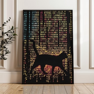 May include: Black framed art print featuring a black cat silhouette over a colorful background of numbers and letters. The artwork has a vintage, retro aesthetic, suitable for home decor.
