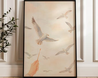 Seagull Wall Art Print | Watercolor Birds Poster | Minimalist Coastal Decor