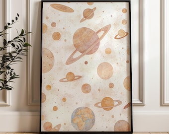 ボヘミアン風水彩惑星デジタルプリント｜ニュートラルな空間の壁アート、子供部屋の装飾