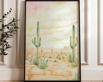Desert Nursery Wall Art Printable, Boho Cactus Mountain Digital Print