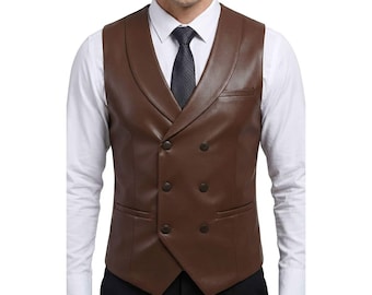 Handmade Men's Brown Leather Vest - Western Cowboy Style Distressed Leather Waistcoat Gilet for Men