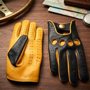 Guantes de Conducir para Hombre en Cuero Genuino | Guantes Amarillo Negro Perforados para Auto