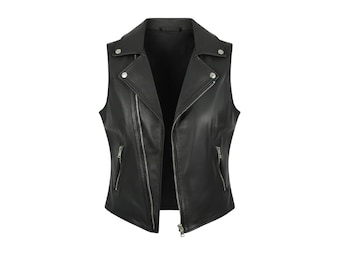 Fashion Vest Unisex Black Leather Biker Vest Asymmetrical Zip Sleeveless Moto Style Waistcoat with Lapel Collar
