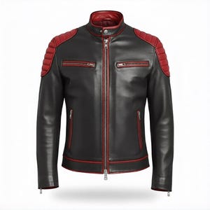 Leder Bikerjacke für Herren – Schwarz & Rote Cafe Racer Motorradjacke, Slim Fit Moto Racing Stil Lederjacke