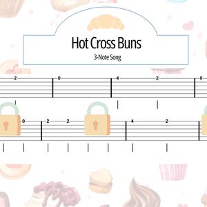 Op de afbeelding: Muziekblad voor "Hot Cross Buns", een liedje van 3 noten. De bladmuziek bevat muzieknotatie met cijfers en symbolen. De achtergrond is versierd met illustraties van gebak en harten. Tekst: "Arranged by Cara Lagios".