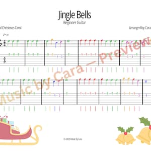Könnte beinhalten: Notenblatt für "Jingle Bells" für Gitarrenanfänger, arrangiert von Cara Lagios. Das Notenblatt enthält farbige Noten und Gitarrentabulaturen. Ein Schlitten mit Geschenken und Glocken ist unten abgebildet.