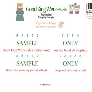 May include: A white sheet music page with the title "Good King Wenceslas" and musical notation for the right hand. Includes illustrations of a king, hands, and a keyboard. The text "SAMPLE" and "ONLY" are also present.