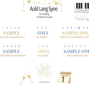 May include: Sheet music for "Auld Lang Syne" with piano key diagram. The text includes "Pre-Reading" and "Sample Only" phrases. Gold and blue text on a white background. Includes illustrations of champagne glasses, fireworks, and a calendar.