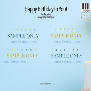 May include: A sheet music arrangement of "Happy Birthday to You!" with piano keys and musical notes. The text "SAMPLE ONLY" appears multiple times. A birthday cake with lit candles and a yellow balloon are in the background.