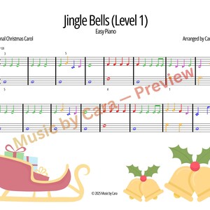 May include: Sheet music for "Jingle Bells (Level 1)" with colorful notes, a sleigh carrying gifts, and golden bells with holly. The text includes "Traditional Christmas Carol" and "Easy Piano". Arranged by Cara Lagios.