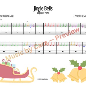 Può includere: Spartito di "Jingle Bells" arrangiato per pianoforte per principianti. La musica include note colorate e un'illustrazione festosa di una slitta, campane e agrifoglio. Il testo include "Traditional Christmas Carol" e "Arranged by Cara Lagios."