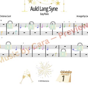 May include: Sheet music for "Auld Lang Syne" arranged for easy piano. The music sheet includes musical notes, clef symbols, and the text "Classic Christmas Carol." Additional graphics include champagne glasses, fireworks, and a calendar showing January 1.