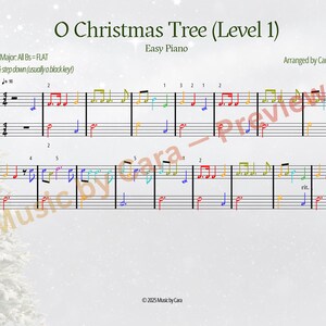 Può includere: Spartito musicale per "O Christmas Tree (Level 1)" in Fa maggiore, arrangiato per pianoforte facile. Le note musicali sono in vari colori, tra cui rosso, giallo e blu. Il testo include il nome dell'arrangiatore e le informazioni sul copyright.