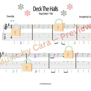 Op de afbeelding: Bladmuziek voor "Deck The Halls" voor eenvoudige gitaar, met tabulatuur. De pagina bevat muzieknotatie, gitaartab en de tekst "Deck The Halls Easy Guitar + Tab". De arrangement is van Cara Lagios.