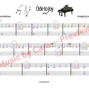 Puede incluir: Partitura de "Oda a la Alegría" Nivel 1, arreglada por Cara Lagios. La música incluye notas coloridas e iconos de candado, con el nombre del compositor Ludwig van Beethoven en la parte superior. También hay un pequeño gráfico de piano negro.