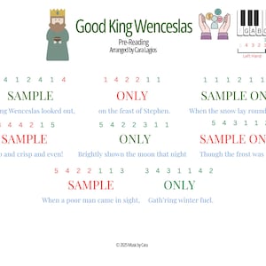 May include: A white sheet music page with the title "Good King Wenceslas" and piano key diagrams. The page includes musical notation, lyrics, and the text "Sample Only" in red and green. The copyright notice "©2025 Music by Cara" is at the bottom.
