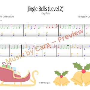 Peut inclure: Partition de "Jingle Bells (Niveau 2)" avec des notes de musique colorées. Comprend un traîneau avec des cadeaux, deux cloches dorées et le texte "Traditional Christmas Carol" et "Easy Piano".