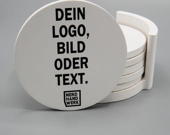 Coaster-Set, individuell bedruckt, aus Alabastergips mit Korkuntersetzer