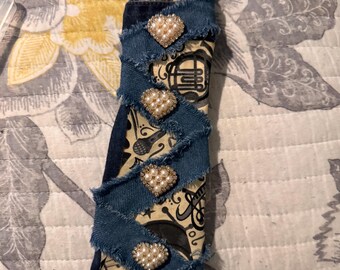 Handmade Pearl Heart Tie | Music Print Denim Statement Necktie