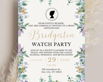 Invito per la festa di osservazione ispirato a Bridgerton⎢Invito per la serie TV Regency Tea Party⎢Elegante modello digitale modificabile floreale Canva