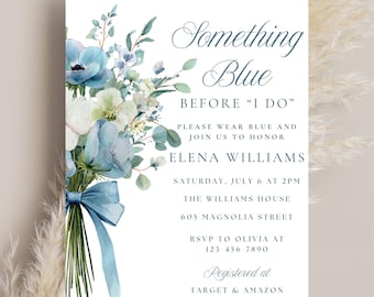 Invitación para despedida de soltera "Algo azul antes de irme", invitación floral azul, plantilla editable de Canva