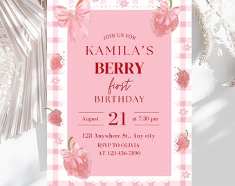 Berry First Birthday Invitation, Strawberry Theme 1st Birthday Party Invite, Editable Coquette Canva Template, Digital Download