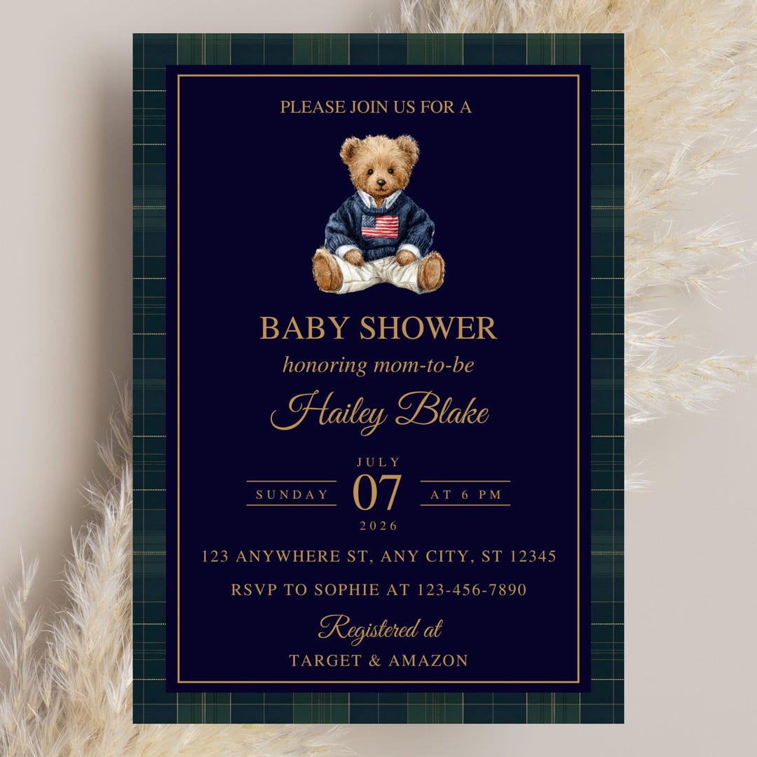 Polo Teddy Bear Baby Shower Invitation, Preppy Bear Party Invite ...