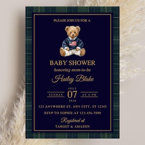 May include: Baby shower invitation with a navy blue background and a plaid border. The invitation features a teddy bear wearing a sweater with an American flag design. Text includes the name "Hailey Blake" and event details.