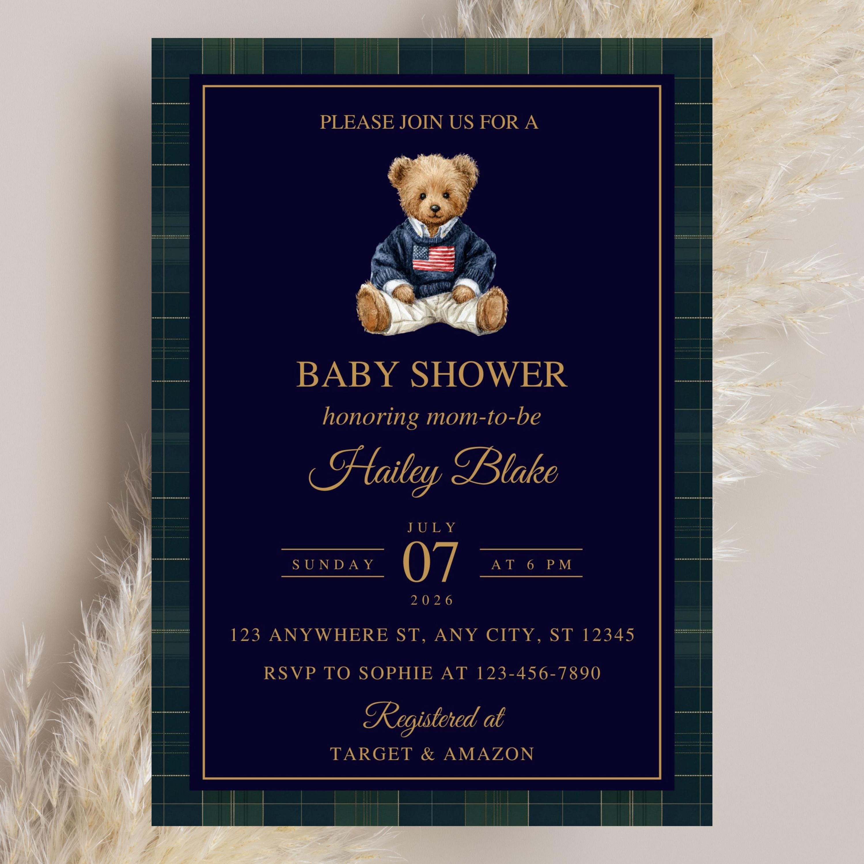 Polo Teddy Bear Baby Shower Invitation, Preppy Bear Party Invite ...