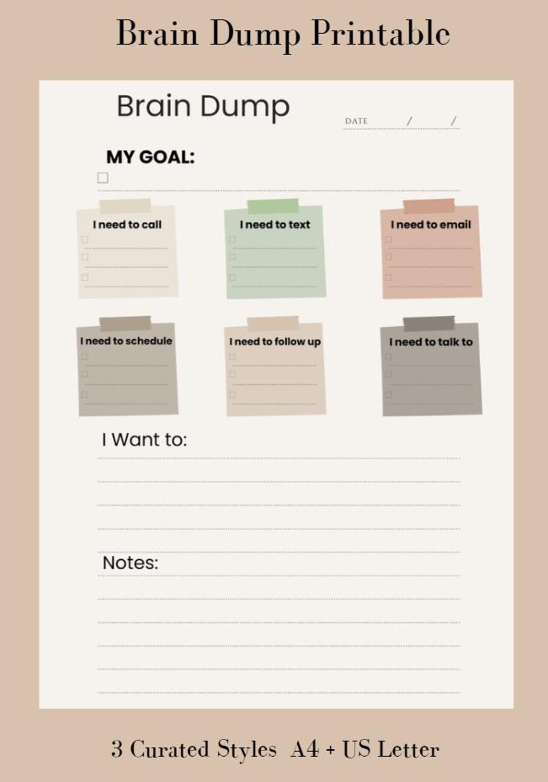Brain Dump Printable | Task Organizer, Productivity Planner (A4 & US ...