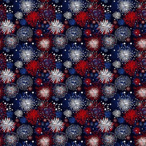 May include: A fabric pattern featuring a repeating design of starburst fireworks in vibrant red, bright white, and deep blue colours set against a solid dark navy blue background, creating a dense and festive display of light and colour.