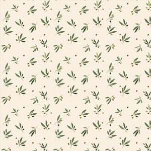 May include: A repeating pattern on a light cream background featuring small green olive branches with pointed leaves and tiny round olive fruits scattered throughout the design. The illustration uses various shades of green to depict the foliage.