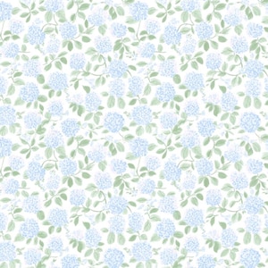 May include: A seamless pattern featuring light blue hydrangea flowers and green leaves on a white background. The floral design is repeated across the surface, creating a delicate and airy aesthetic. The pattern is suitable for various applications.